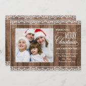 素朴で白いレース及び木クリスマスの平らな写真カード シーズンカード (正面/裏面)