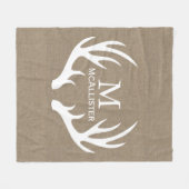 素朴で白い木びき台の(雄ジカの)枝角のフェイクなバーラップの姓 フリースブランケット (正面(横))