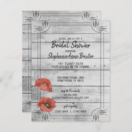素朴で白い木製ケシによってはブライダルシャワーカードが開花します 招待状 (正面/裏面)