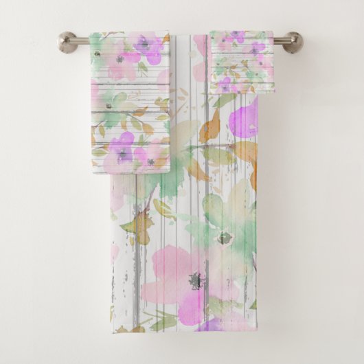 素朴で白い木製ミントの緑の赤面のピンクの花 バスタオルセット (インサイチュ)