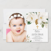 素朴で白い花のマグノリアの秋の洗礼の写真 招待状 (正面)