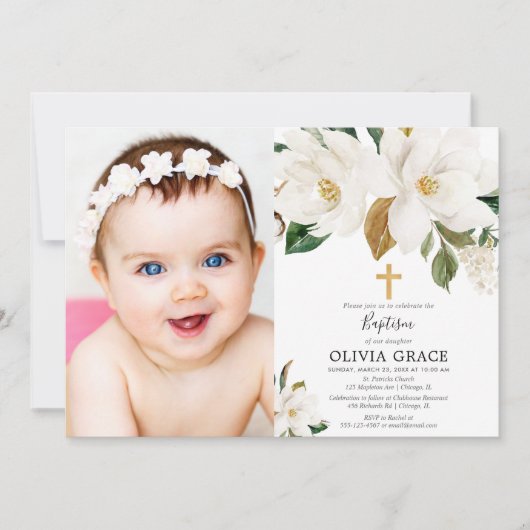 素朴で白い花のマグノリアの秋の洗礼の写真 招待状 (正面)