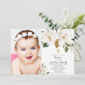 素朴で白い花のマグノリアの秋の洗礼の写真 招待状 (スタンド正面)