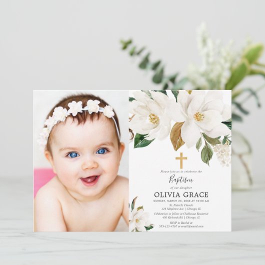 素朴で白い花のマグノリアの秋の洗礼の写真 招待状 (スタンド正面)