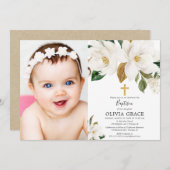 素朴で白い花のマグノリアの秋の洗礼の写真 招待状 (正面/裏面)