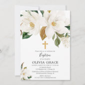 素朴で白い花のマグノリアの緑の草木の洗礼 招待状 (正面)