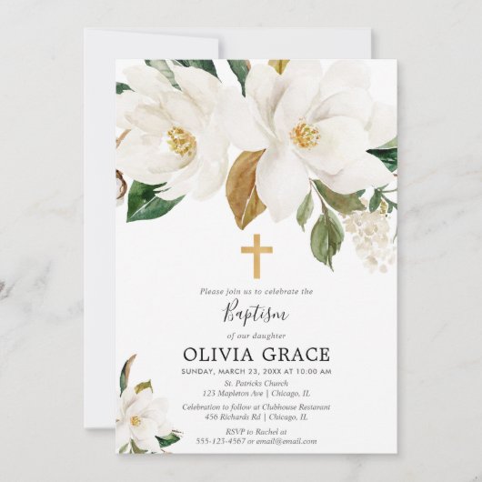 素朴で白い花のマグノリアの緑の草木の洗礼 招待状 (正面)