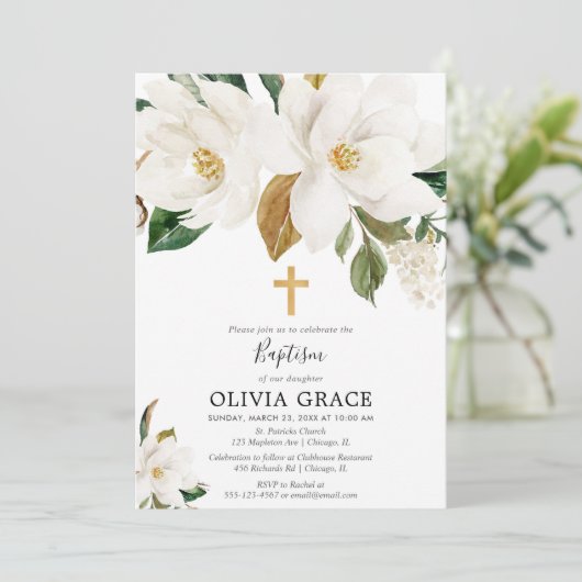 素朴で白い花のマグノリアの緑の草木の洗礼 招待状 (スタンド正面)