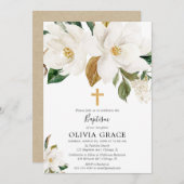 素朴で白い花のマグノリアの緑の草木の洗礼 招待状 (正面/裏面)
