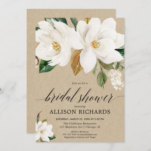 素朴で白い花のマグノリアの花のブライダルシャワー 招待状 (正面/裏面)