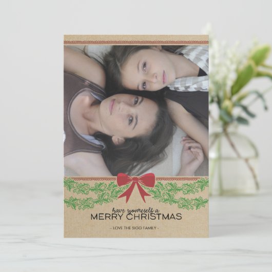 素朴で赤い弓及び花輪の休日の写真カード シーズンカード (スタンド正面)