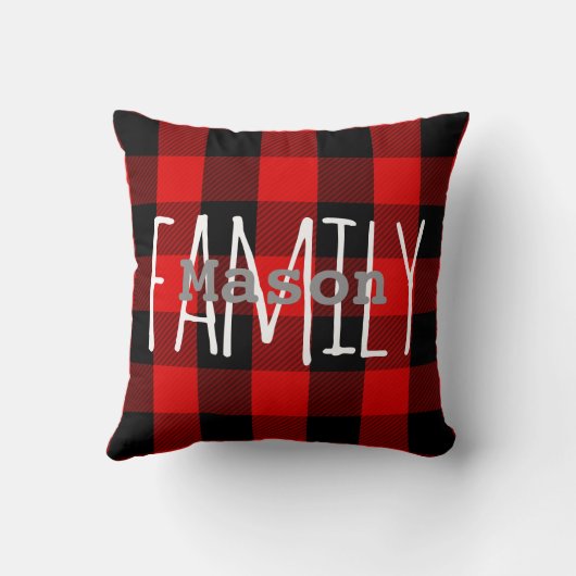素朴で赤い黒いバッファローの格子縞家族のモノグラム クッション (裏面)