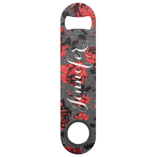 素朴で赤くおよび黒い茎のバラのモノグラム スピード栓抜き (裏面)