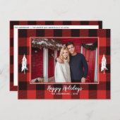 素朴で赤く及び黒いギンガムのフランネルのクリスマスツリー 案内ポストカード (正面/裏面)