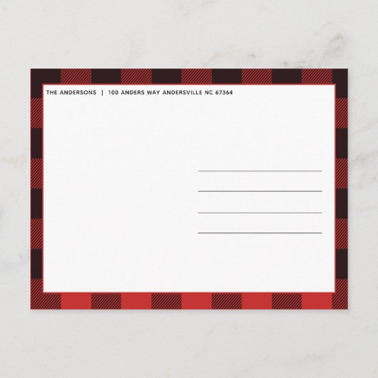 素朴で赤く及び黒いギンガムのフランネルのクリスマスツリー 案内ポストカード (裏面)