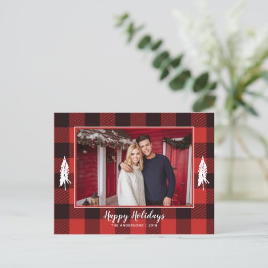 素朴で赤く及び黒いギンガムのフランネルのクリスマスツリー 案内ポストカード (スタンド正面)