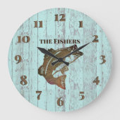 素朴で青い板魚釣りの小屋 ラージ壁時計 (正面)