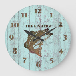 素朴で青い板魚釣りの小屋 ラージ壁時計