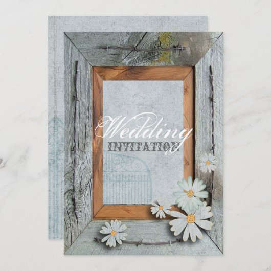 素朴で青い納屋の木製のデイジーの国の結婚式 招待状 (正面/裏面)