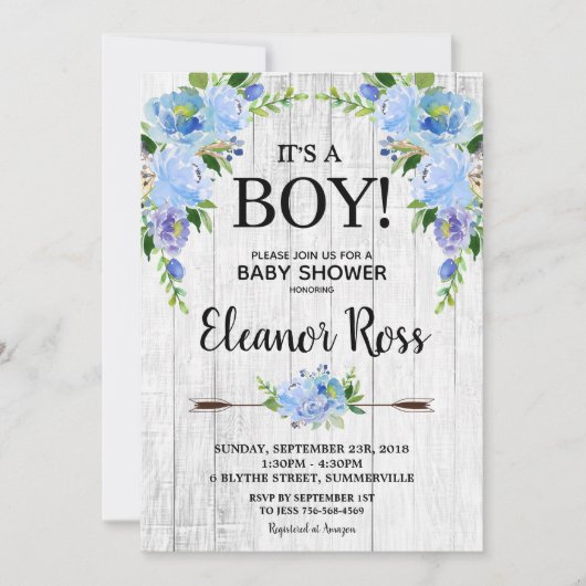 素朴で青い花のベビーシャワーによっては男の子が開花します 招待状 (正面)