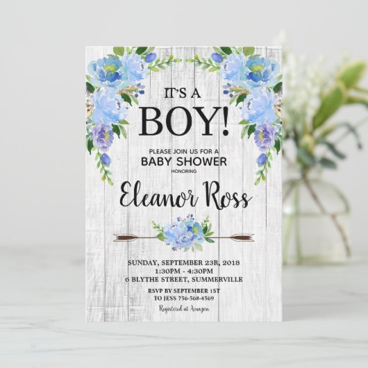 素朴で青い花のベビーシャワーによっては男の子が開花します 招待状 (スタンド正面)