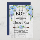 素朴で青い花のベビーシャワーによっては男の子が開花します 招待状 (正面/裏面)