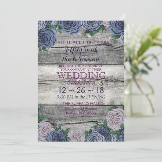 素朴で青く美しい国の納屋の木製の結婚式 招待状 (スタンド正面)