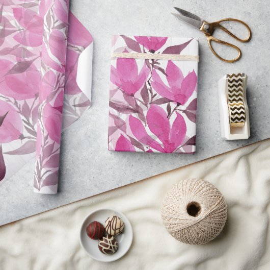 素朴とピンクの野花の水色 ラッピングペーパー (クラフト)