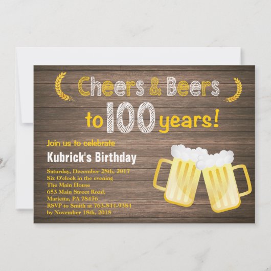 素朴なお祝いとビールの100歳の誕生日招待状 招待状 (正面)