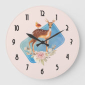 素朴なかわいいブラウンの水彩画のシカ ラージ壁時計 (正面)