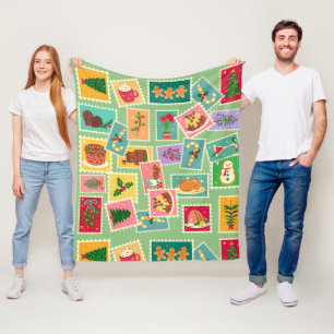 素朴なかわいらしクリスマスのスタンプSage green フリースブランケット