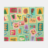 素朴なかわいらしクリスマスのスタンプSage green フリースブランケット (正面(横))