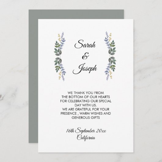 素朴なすみれ色の群葉の結婚式のサンキューカード サンキューカード (正面/裏面)