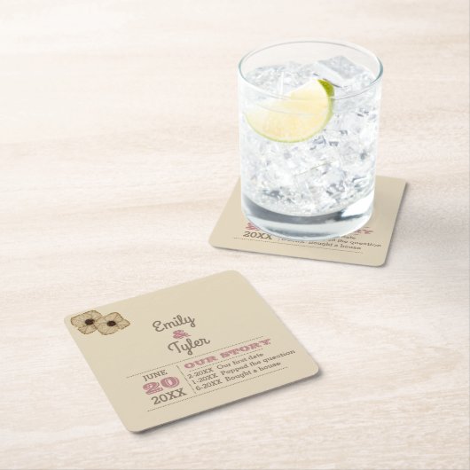 素朴なばら色の金ゴールドのパーソナライズな歴史の結婚式 スクエアペーパーコースター (インサイチュ)