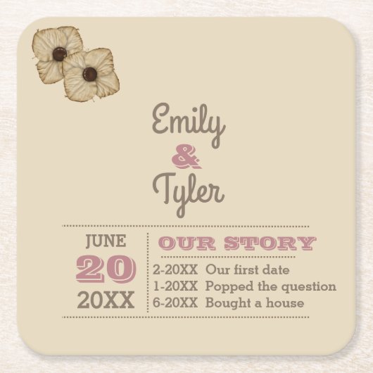 素朴なばら色の金ゴールドのパーソナライズな歴史の結婚式 スクエアペーパーコースター (正面)
