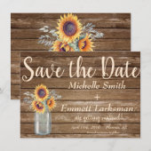 素朴なひまわりが描かれたカントリー風のヴィンテージウッド セーブ・ザ・デート (正面/裏面)