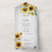 素朴なひまわりが風化した白い木に QRコード オールインワン招待状 (内側)