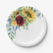 素朴なひまわりとバラの水彩花模様 ペーパープレート (正面)