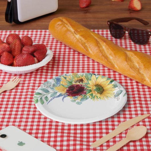 素朴なひまわりとバラの水彩花 ペーパープレート (ピクニック)