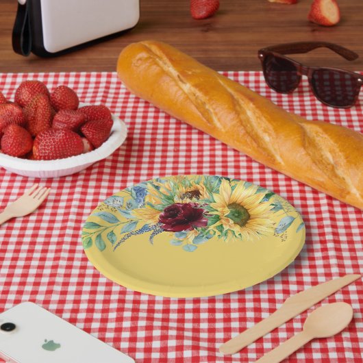 素朴なひまわりとバラの花束 イエロー ペーパープレート (ピクニック)