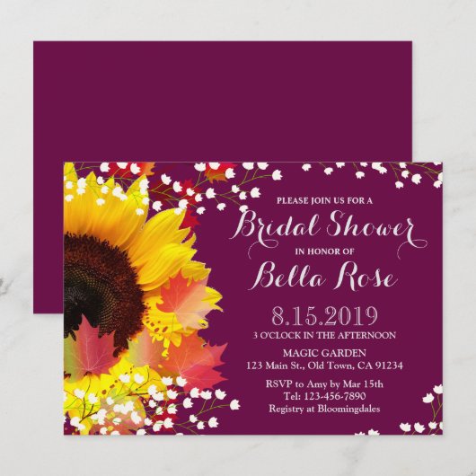 素朴なひまわりとプラムのブライダルシャワー招待状 招待状 (正面/裏面)