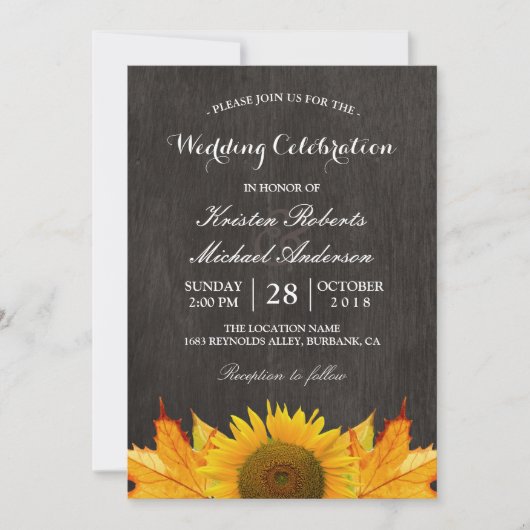 素朴なひまわりとマップルの葉のウェディングセレブレーション 招待状 (正面)