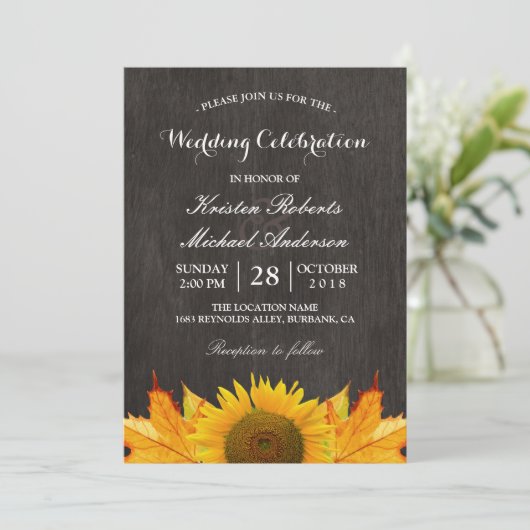 素朴なひまわりとマップルの葉のウェディングセレブレーション 招待状 (スタンド正面)