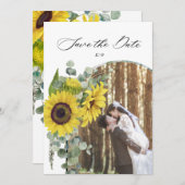 素朴なひまわりとユーカリの結婚式の案内カード セーブザデート (正面/裏面)