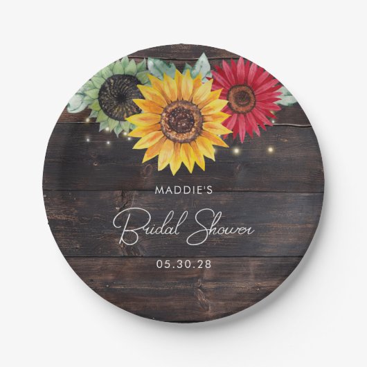 素朴なひまわりと納屋の木のウェディングシャワープレート ペーパープレート (正面)