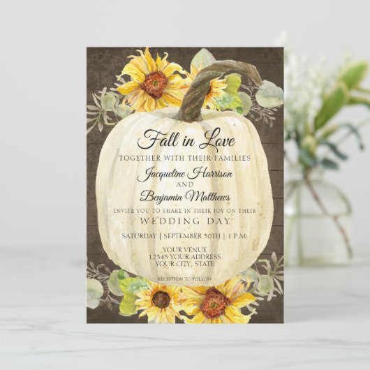 素朴なひまわりと花の白いかぼちゃの素朴な木 招待状 (スタンド正面)