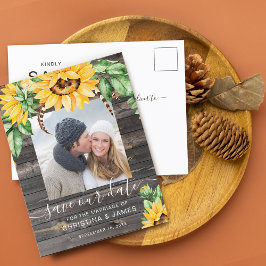 素朴なひまわりの写真を使ったスクリプトのSave The Date 案内ポストカード