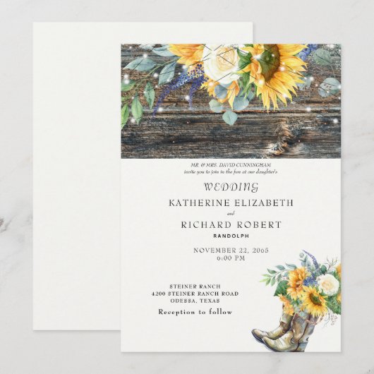 素朴なひまわりの木のブーツとライト 招待状 (正面/裏面)