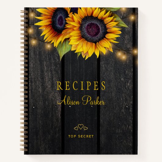 素朴なひまわりの納屋の木のカスタムレシピジャーナル ノートブック (正面)