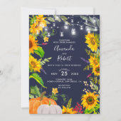 素朴なひまわりストリングライト パンプキン ネイビーブルー 招待状 (正面)